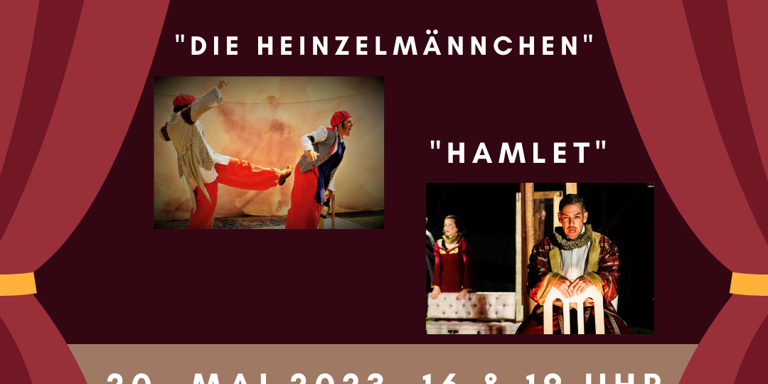 Werbeplakat Theater Hamlet und Heinzelmännchen mit Ort und Datum