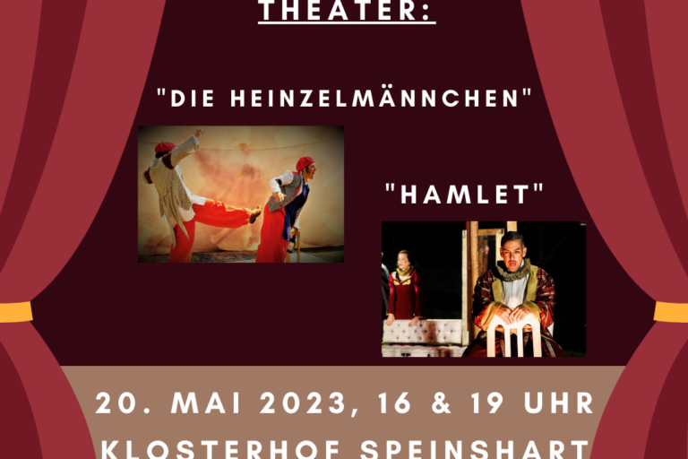 Werbeplakat Theater Hamlet und Heinzelmännchen mit Ort und Datum